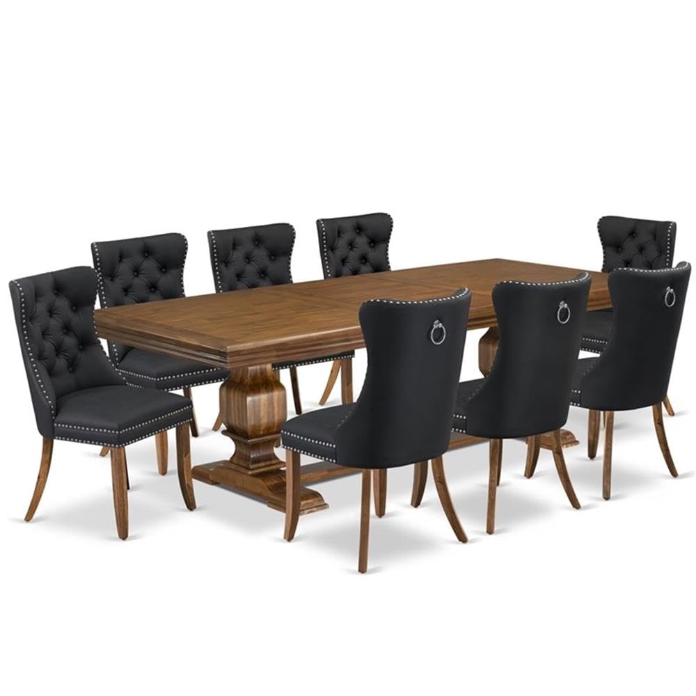 9-Piece Acacia Wood Dining Table Set with Faux Leather Chairs Q764