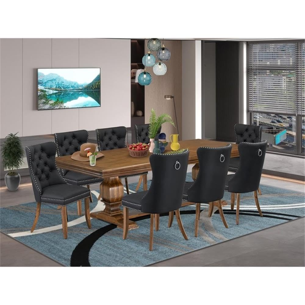 9-Piece Acacia Wood Dining Table Set with Faux Leather Chairs Q764