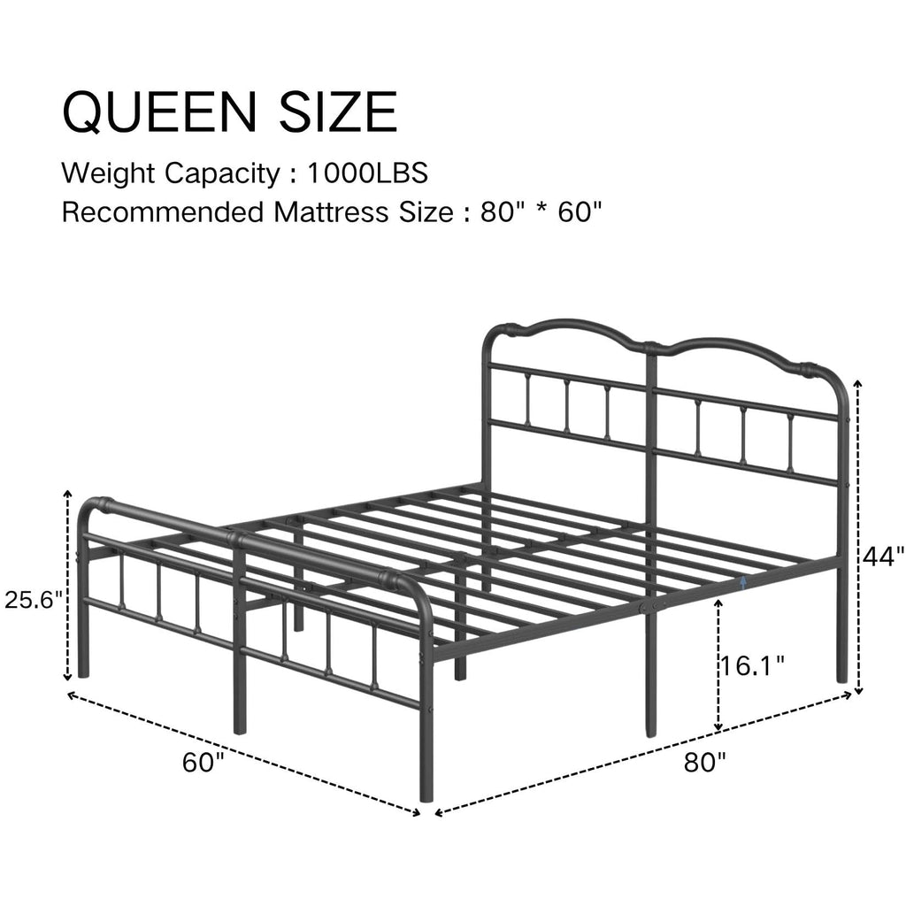 Queen Size Black Metal Platform Bed Frame with Headboard C14947