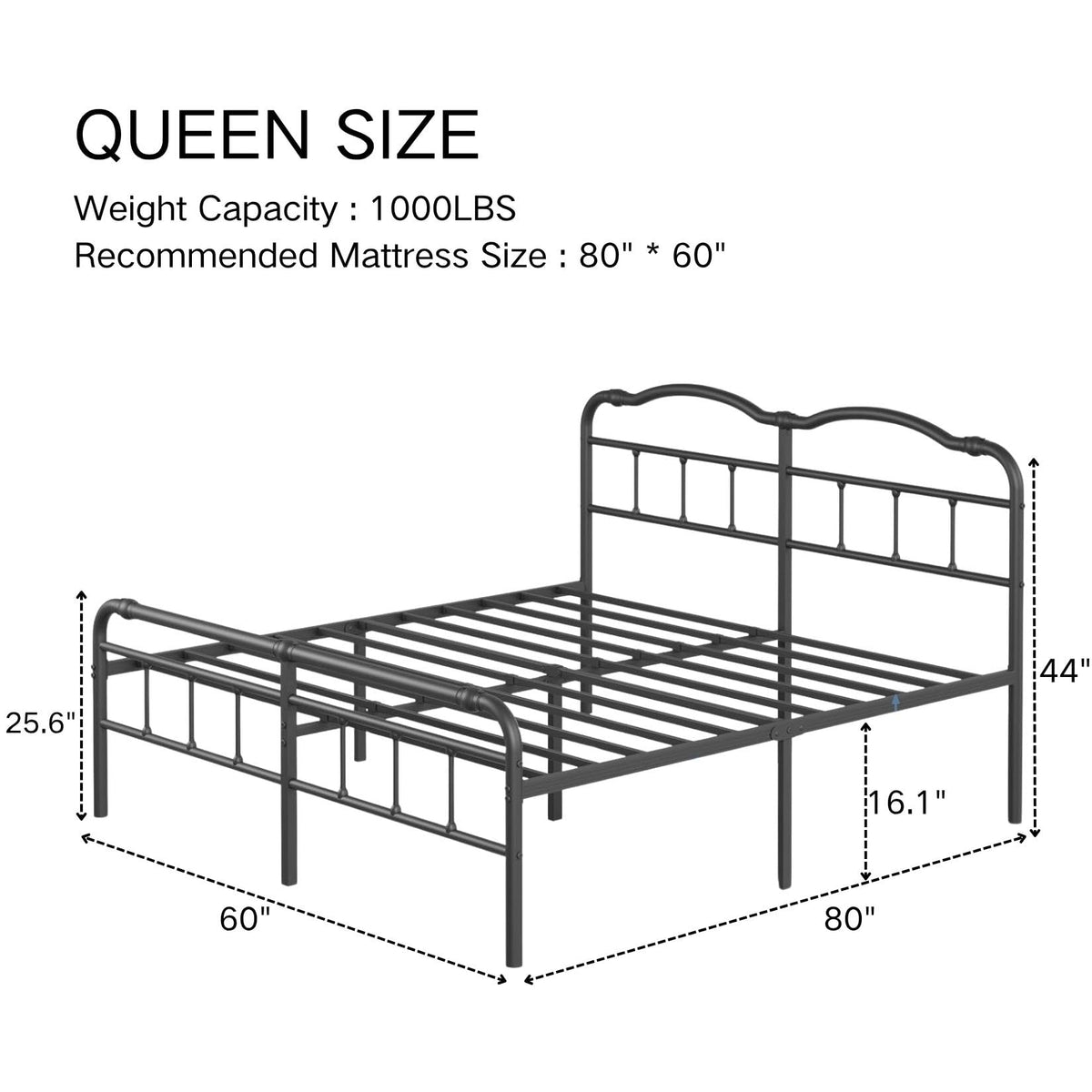 Queen Size Black Metal Platform Bed Frame with Headboard C14947