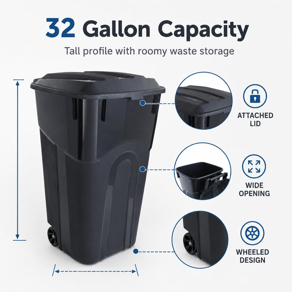 32-Gallon Heavy-Duty Wheeled Trash Can with Click-Lock Lid D534713