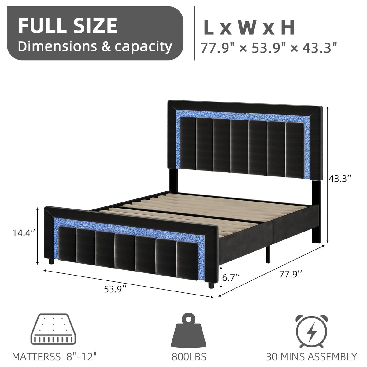Full Size Velvet Upholstered Bed Frame with LED Lights U14145