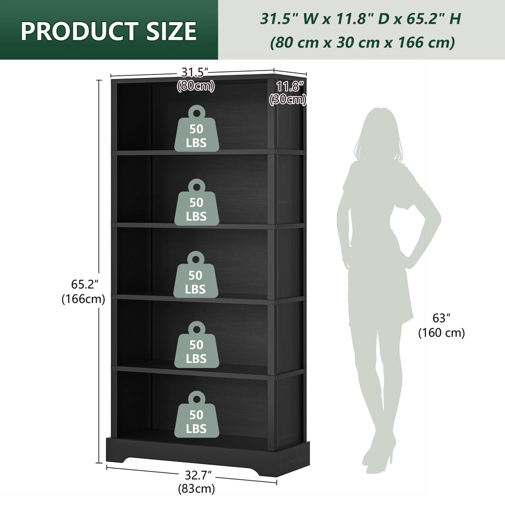 5 Tiers Wooden Bookshelf, 65.2" Tall 31.5" Wide Black W7625