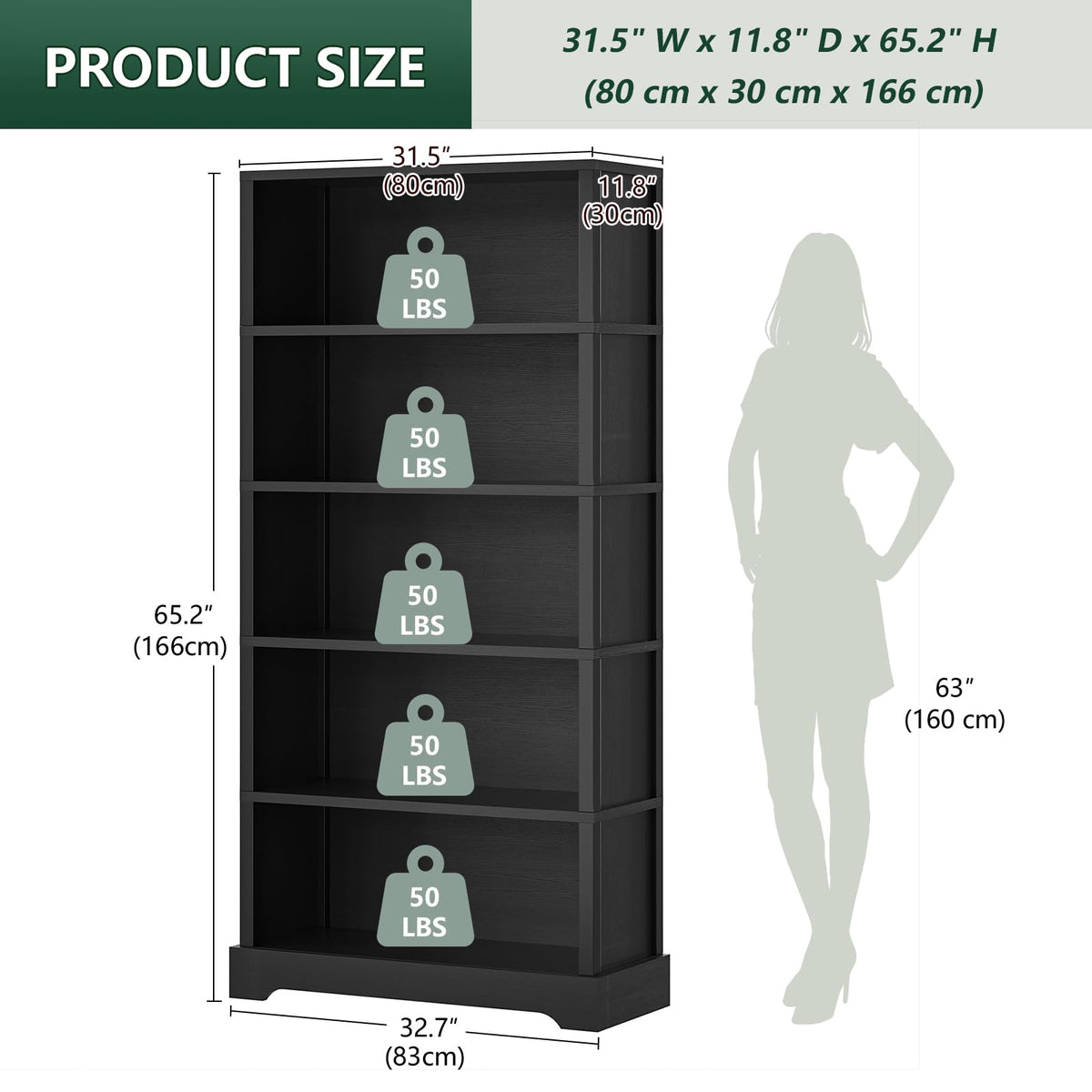 5 Tiers Wooden Bookshelf, 65.2" Tall 31.5" Wide Black W7625