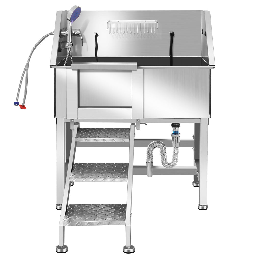 34 Inch Stainless Steel Dog Grooming Bathtub with Anti-Slip Stairs N6337