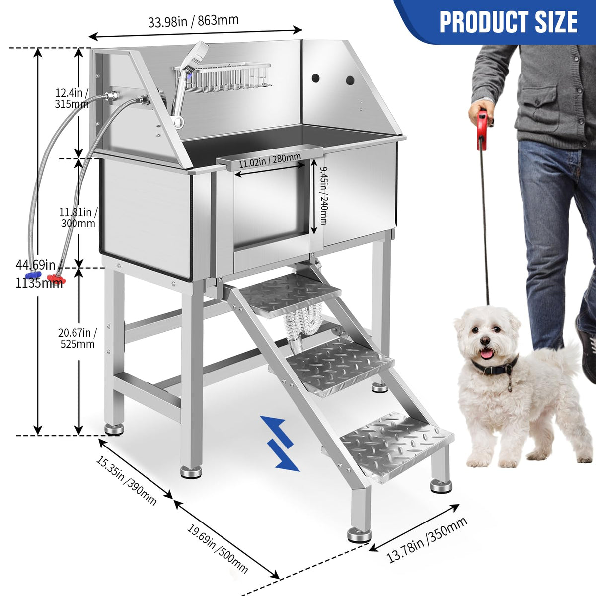34 Inch Stainless Steel Dog Grooming Bathtub with Anti-Slip Stairs N6337