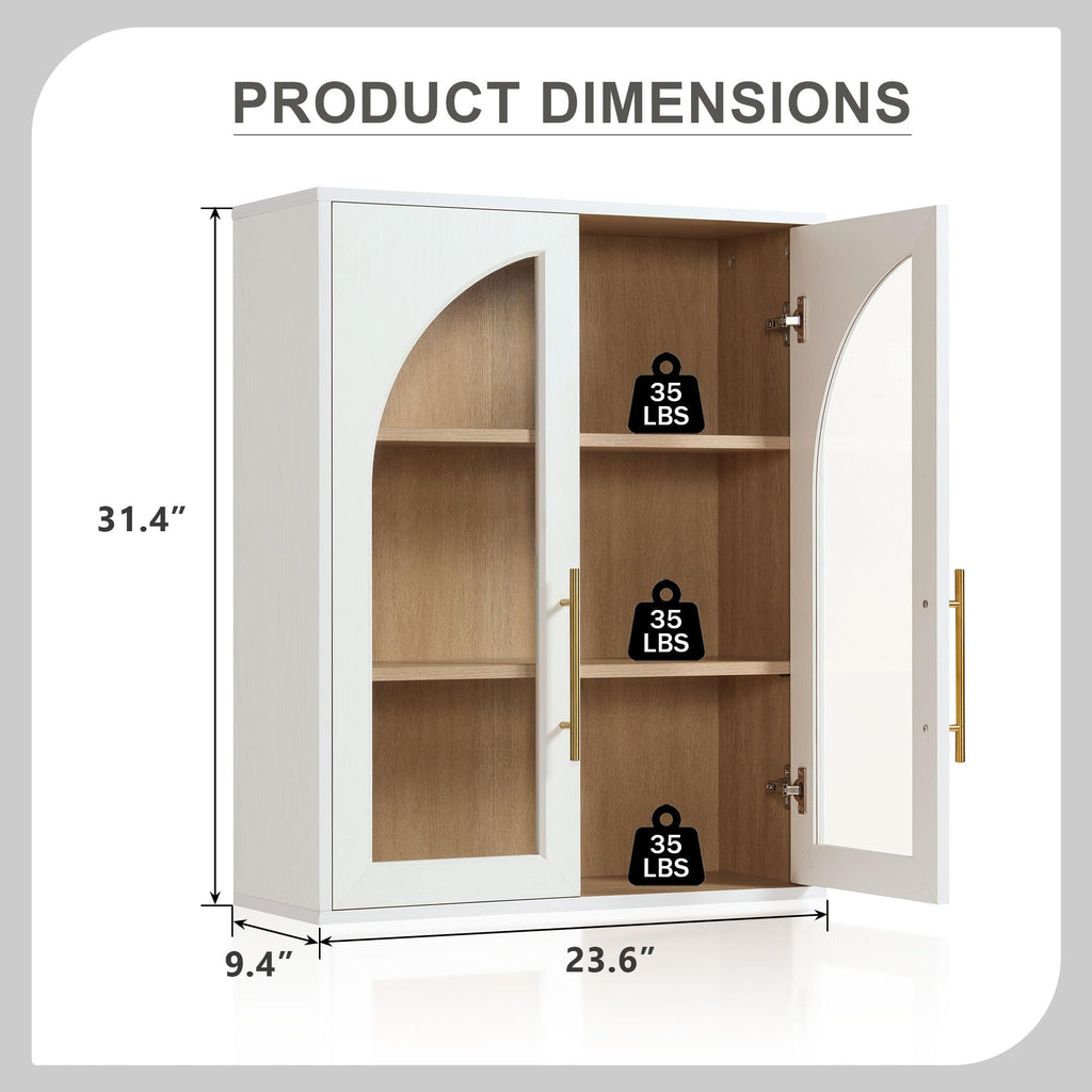 White Wall Mount Bathroom Cabinet with Glass Doors and Adjustable Shelves U823