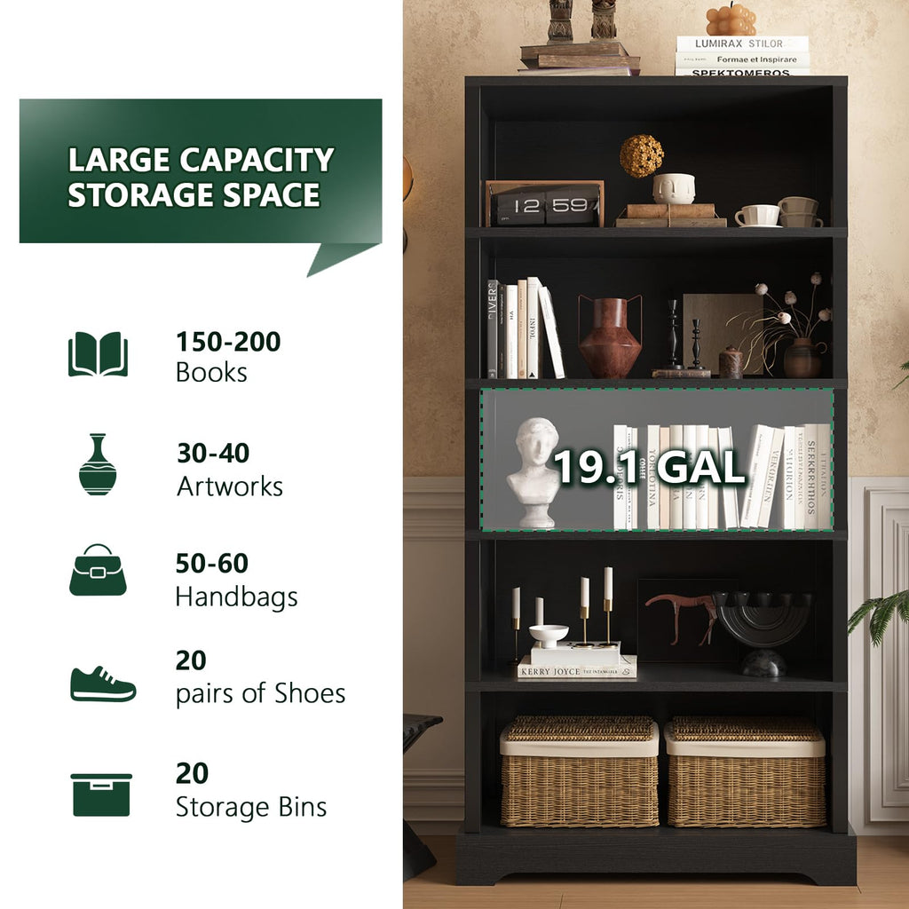 5 Tiers Wooden Bookshelf, 65.2" Tall 31.5" Wide Black W7625