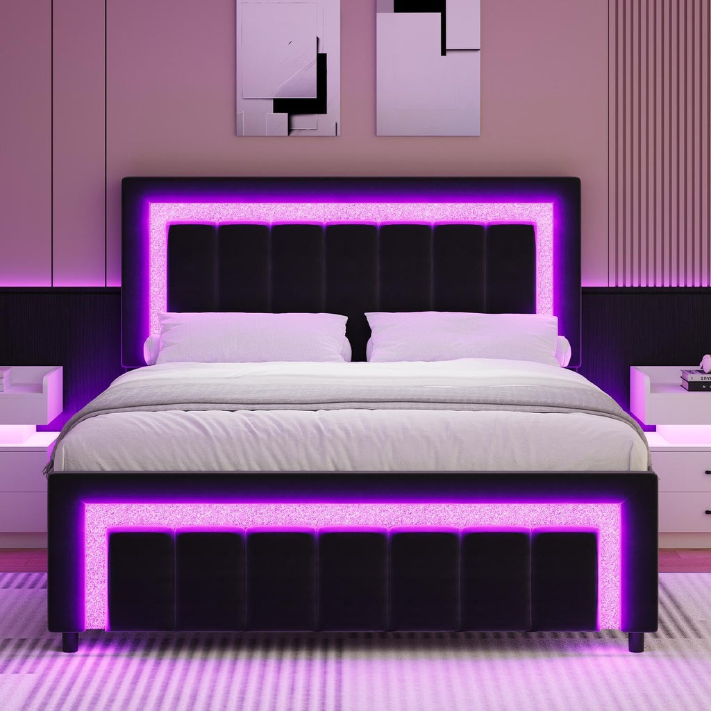 Full Size Velvet Upholstered Bed Frame with LED Lights U14145