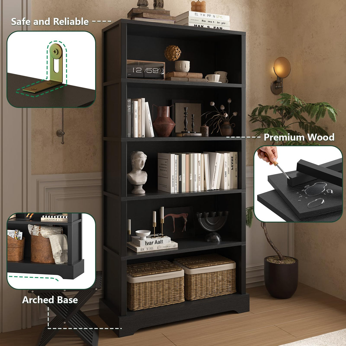 5 Tiers Wooden Bookshelf, 65.2" Tall 31.5" Wide Black W7625