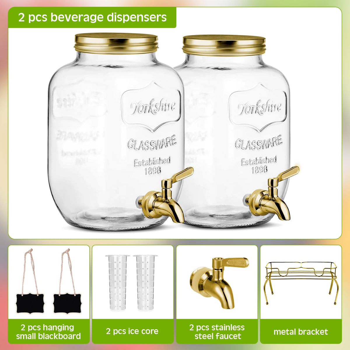 2 Pcs 2 Gallon Glass Drink Dispenser with Stand N661358