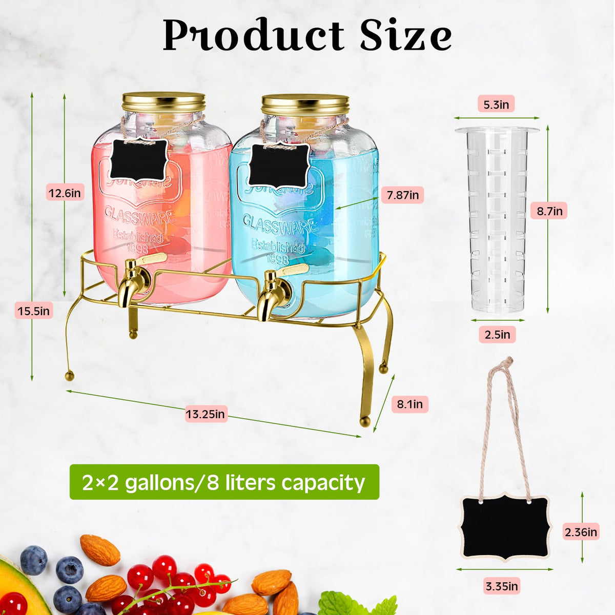 2 Pcs 2 Gallon Glass Drink Dispenser with Stand N661358