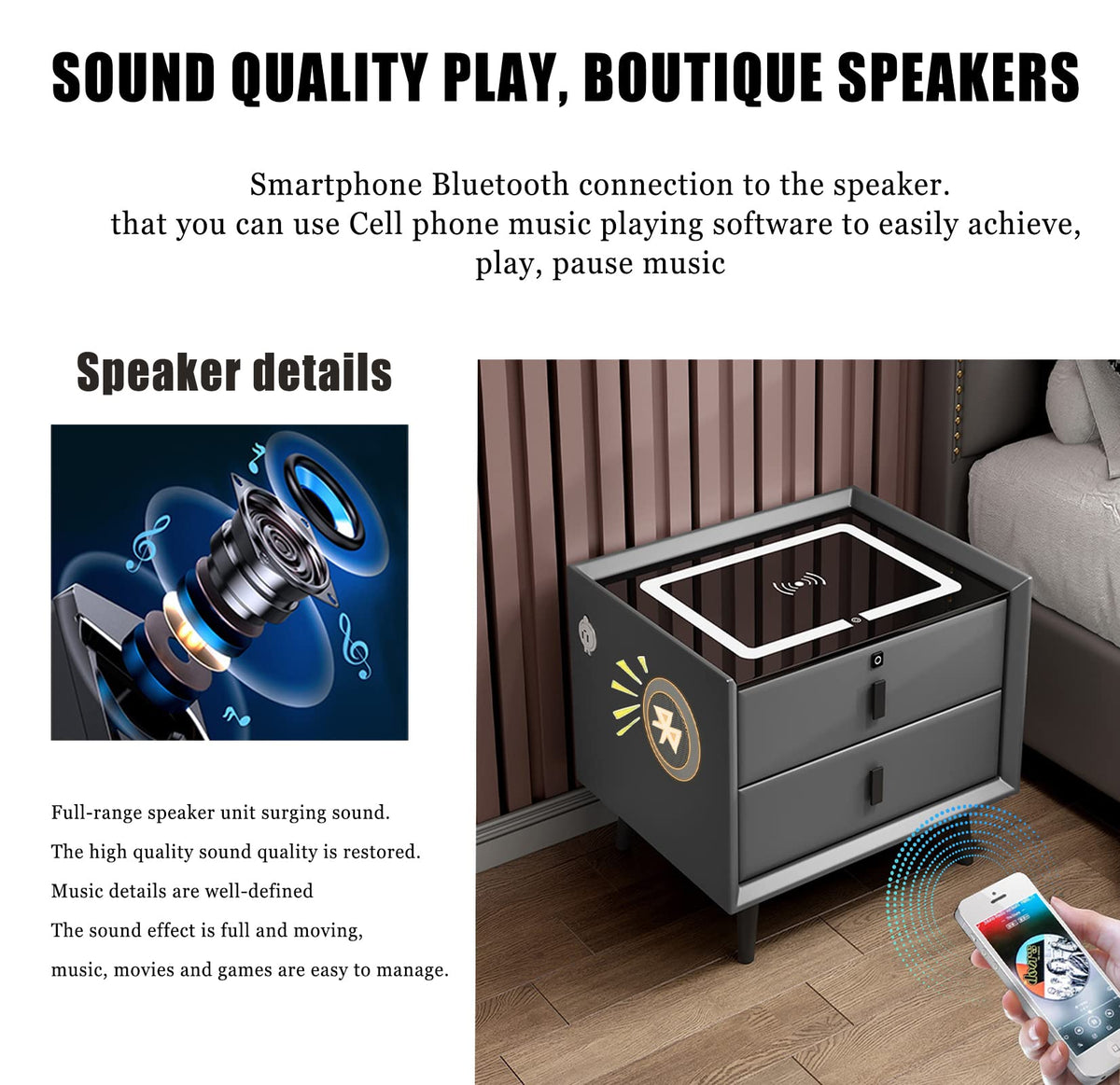 Gray 3 Drawer Solid Wood Nightstand with Speaker and USB Port L8346