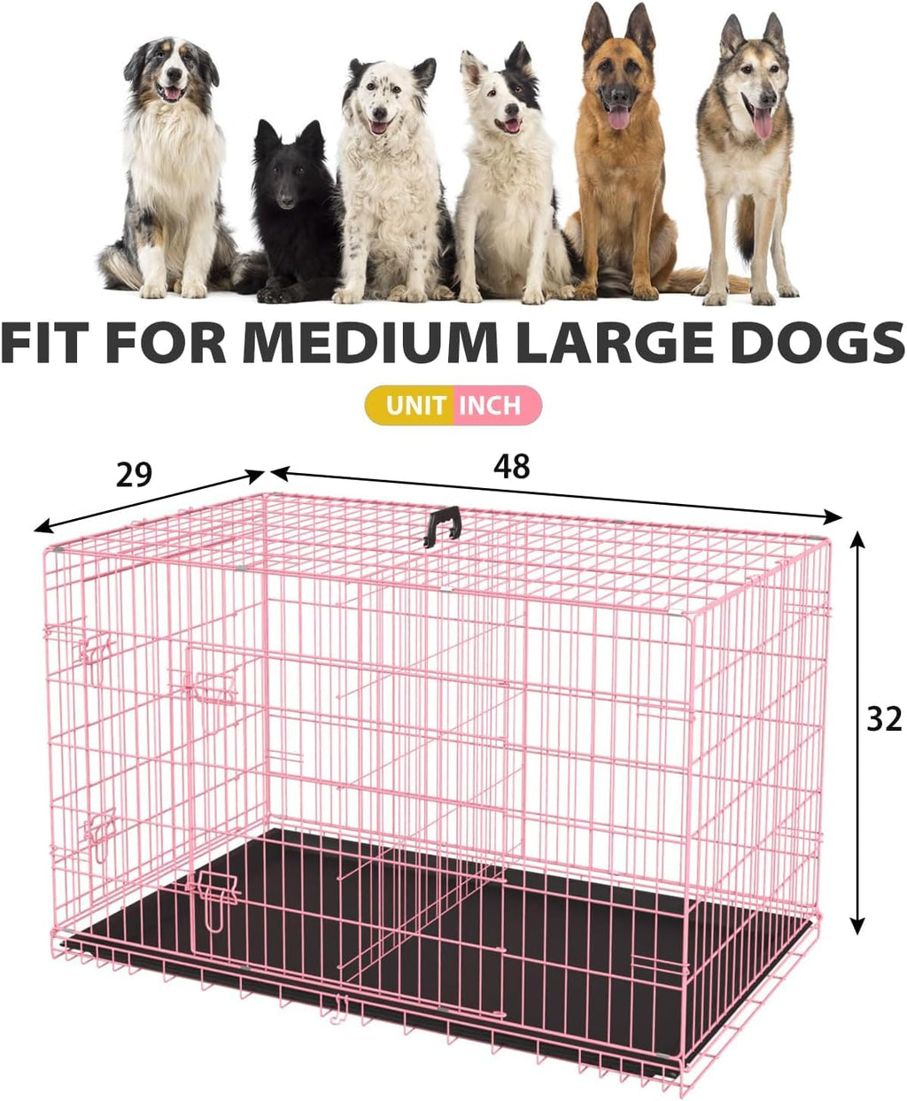 48" Large Double Door Folding Metal Wire Dog Crate with Divider Panel T86576