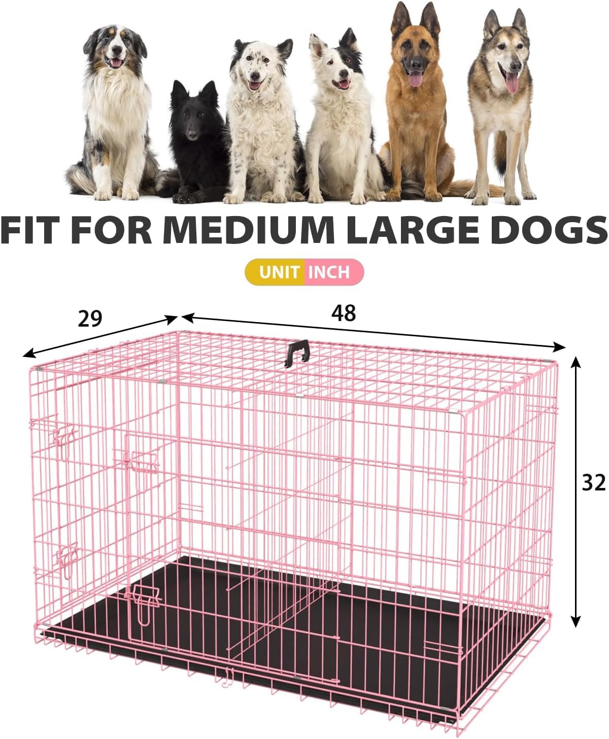 48" Large Double Door Folding Metal Wire Dog Crate with Divider Panel T86576