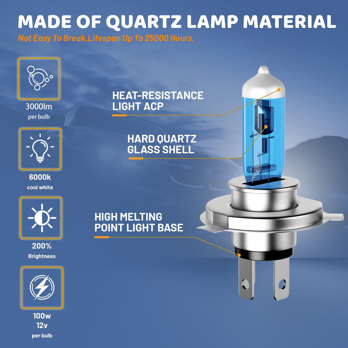 Halogen Headlight Bulbs 9003/H4 High Low Beam 6000K Pack of 2 W3753