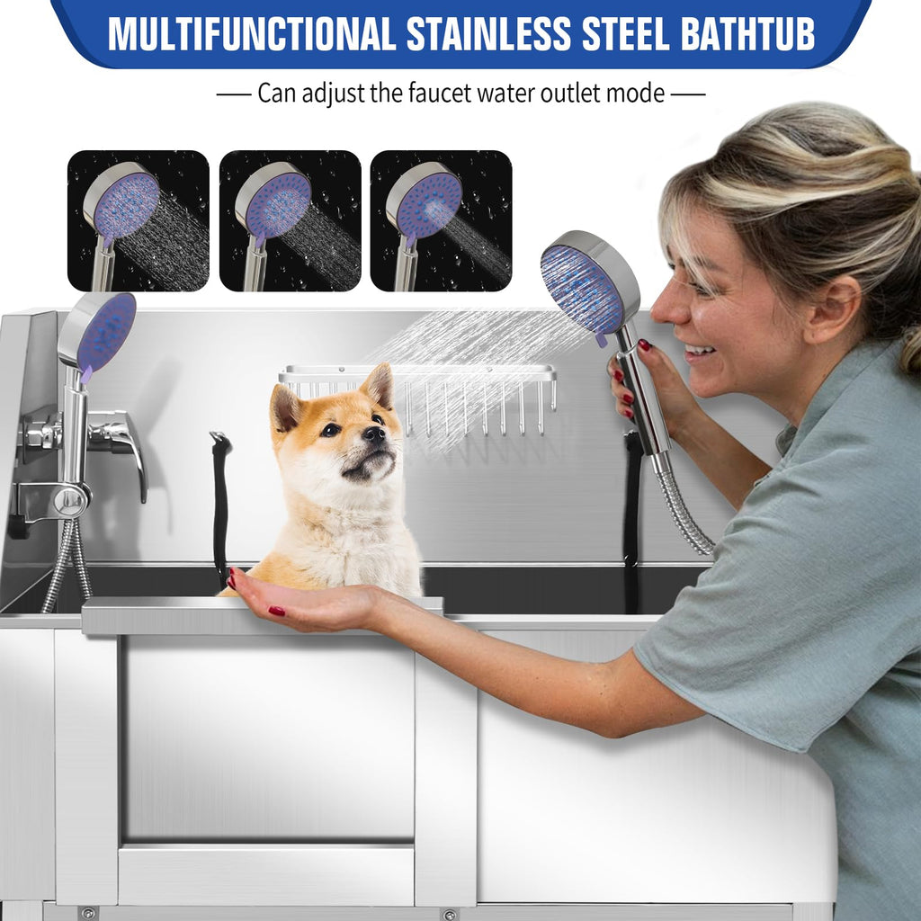 34 Inch Stainless Steel Dog Grooming Bathtub with Anti-Slip Stairs N6337