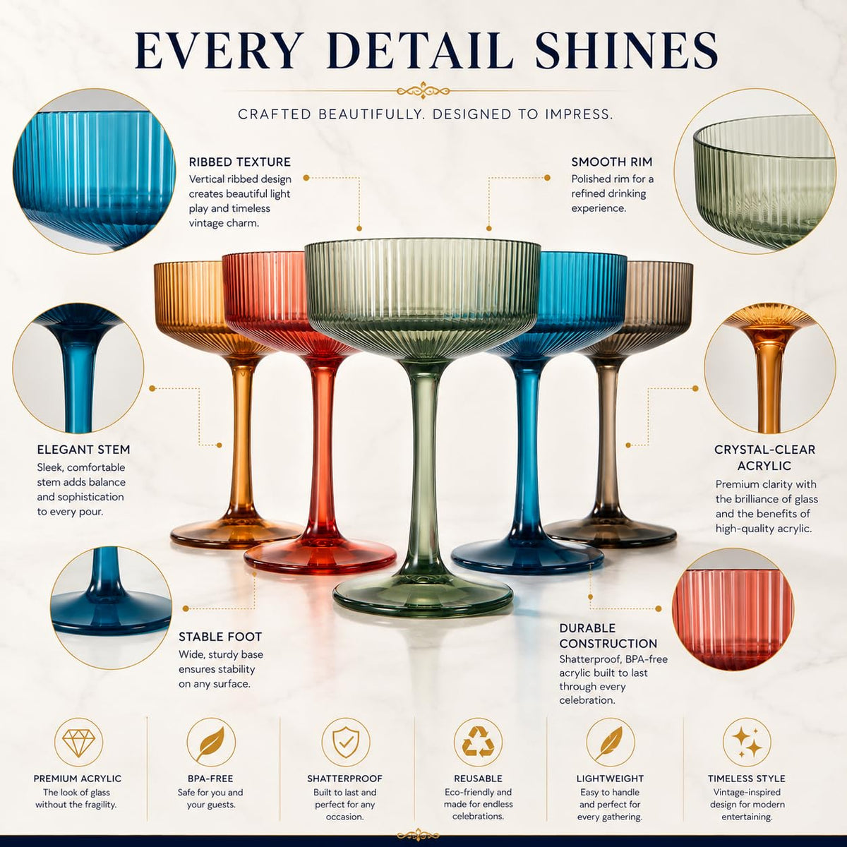 Ribbed Acrylic Martini Glasses Set of 6 C747178