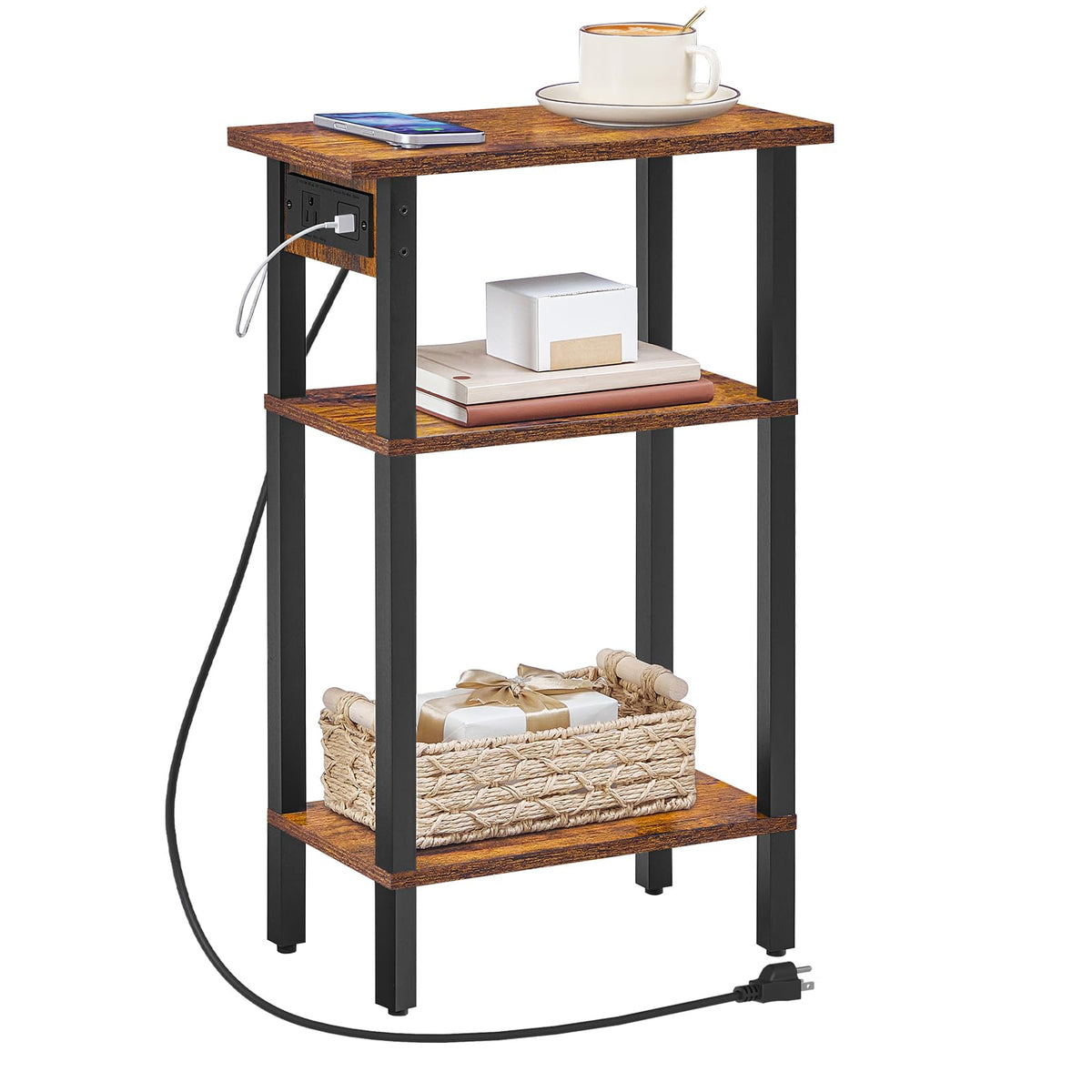 Narrow 3-Tier Side Table with Charging Station Q346