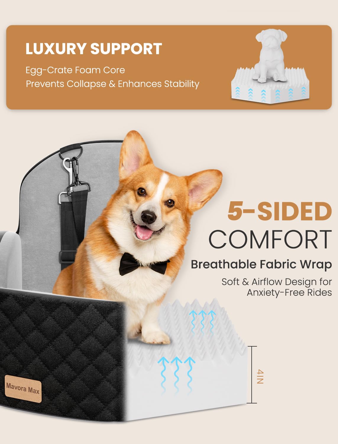 Dog Car Seat for Small/Medium Dogs up to 35lbs, Memory Foam, Grey G2480
