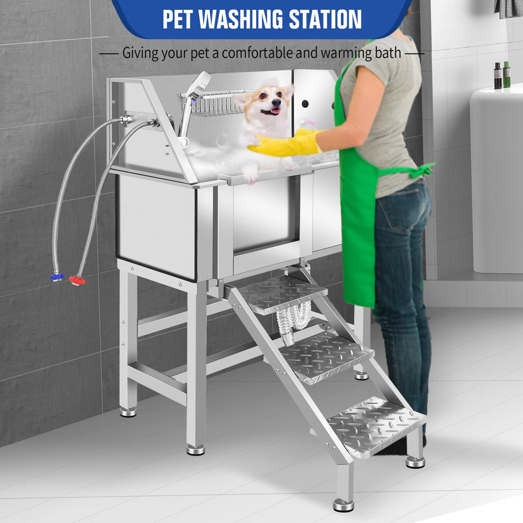 34 Inch Stainless Steel Dog Grooming Bathtub with Anti-Slip Stairs N6337