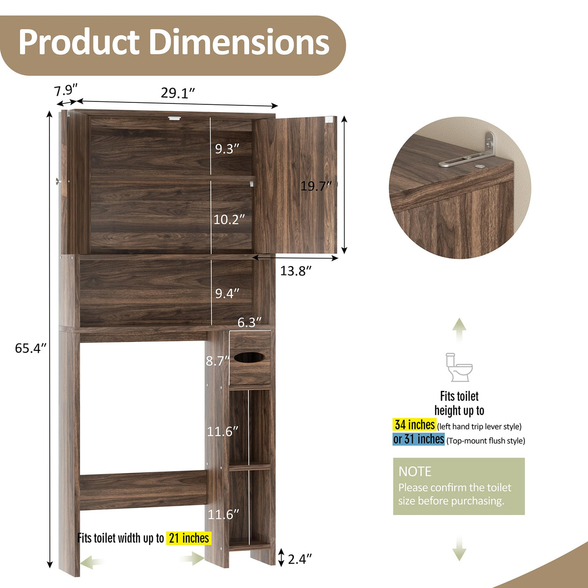 Walnut Over Toilet Storage Cabinet with Adjustable Shelf W8813