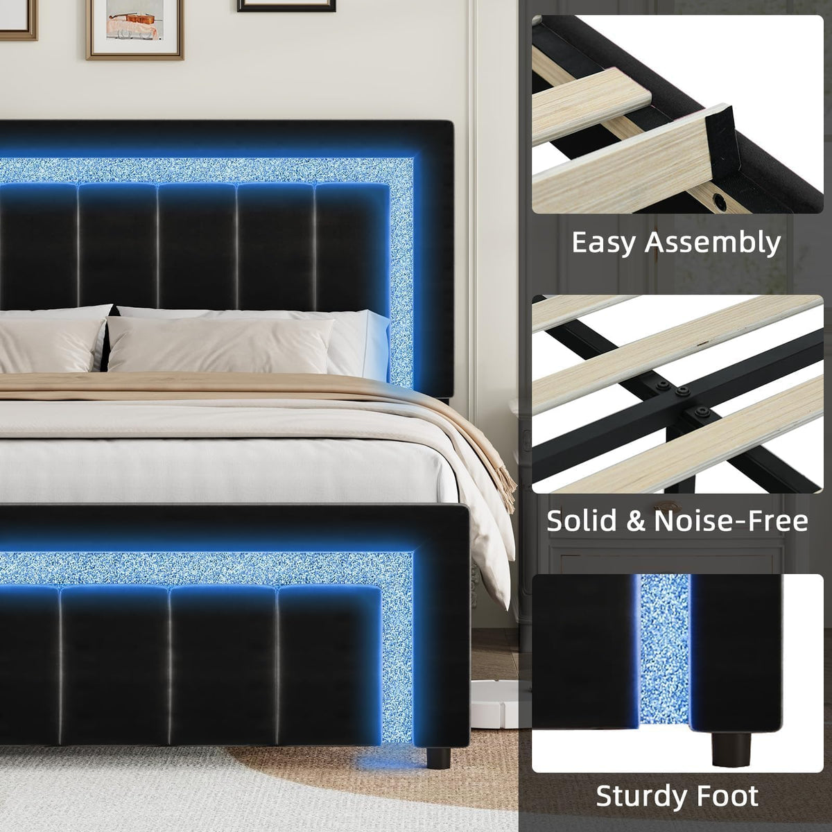 Full Size Velvet Upholstered Bed Frame with LED Lights U14145