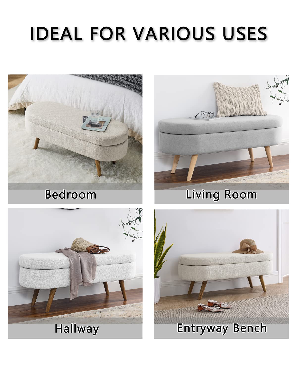 Oval Linen Fabric Upholstered Storage Bench with Solid Wood Legs O934