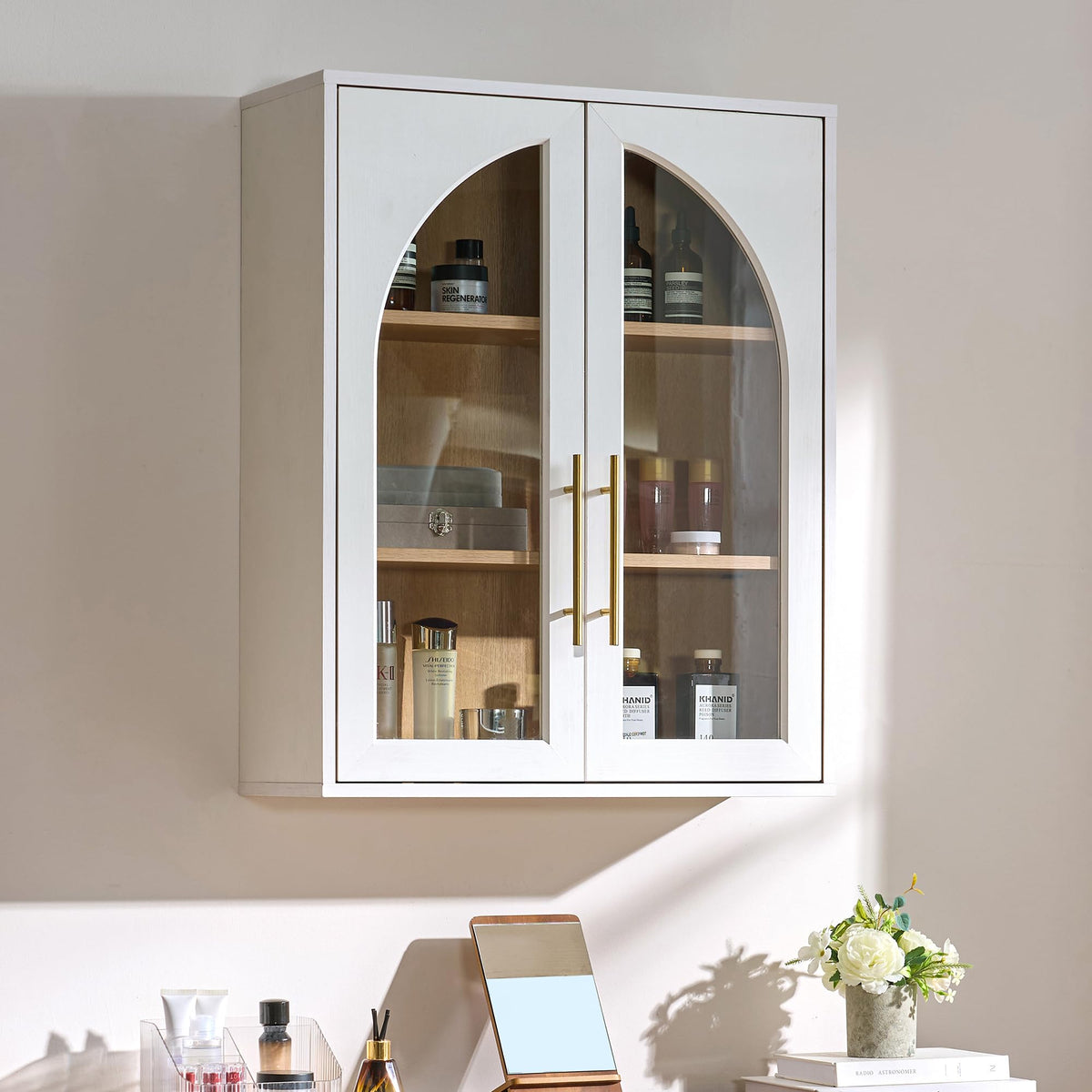White Wall Mount Bathroom Cabinet with Glass Doors and Adjustable Shelves U823