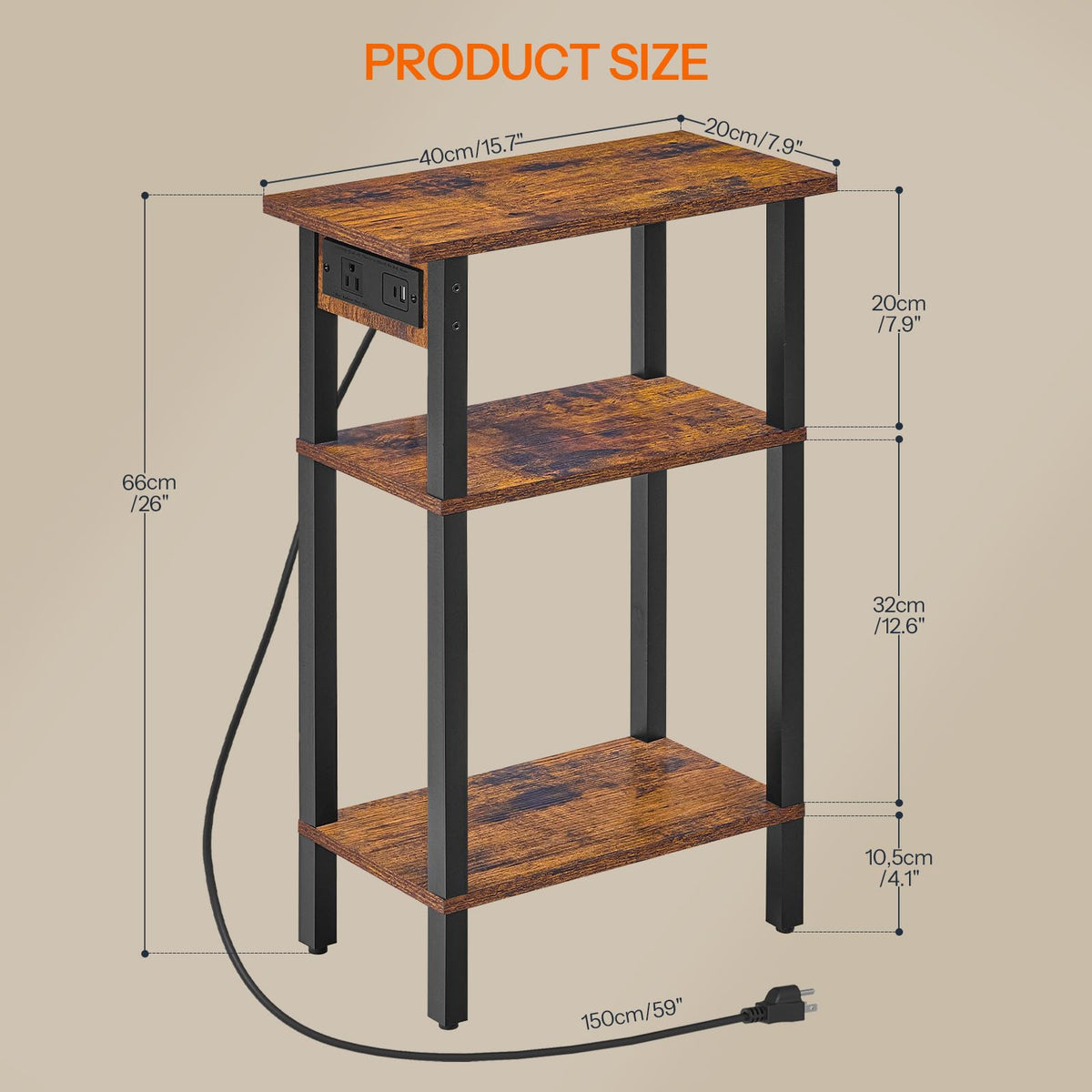 Narrow 3-Tier Side Table with Charging Station Q346