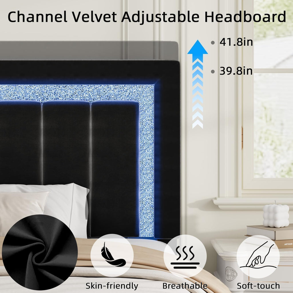 Full Size Velvet Upholstered Bed Frame with LED Lights U14145