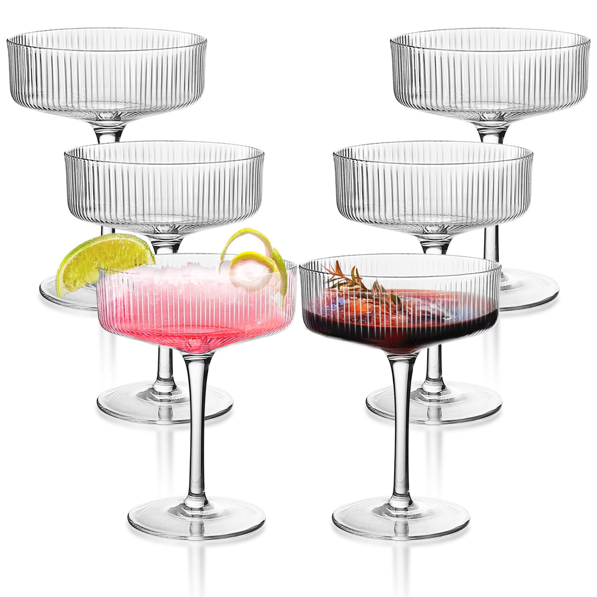 Ribbed Coupe Glasses Set of 6, 10 oz Crystal Cocktail Glassware Q593