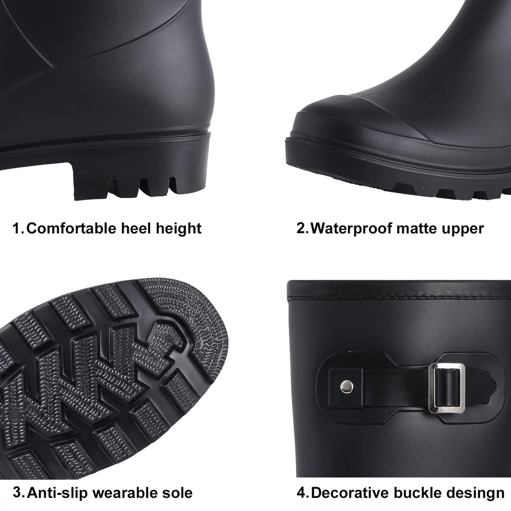 Mid Calf Waterproof Rain Boots with Buckle T2801