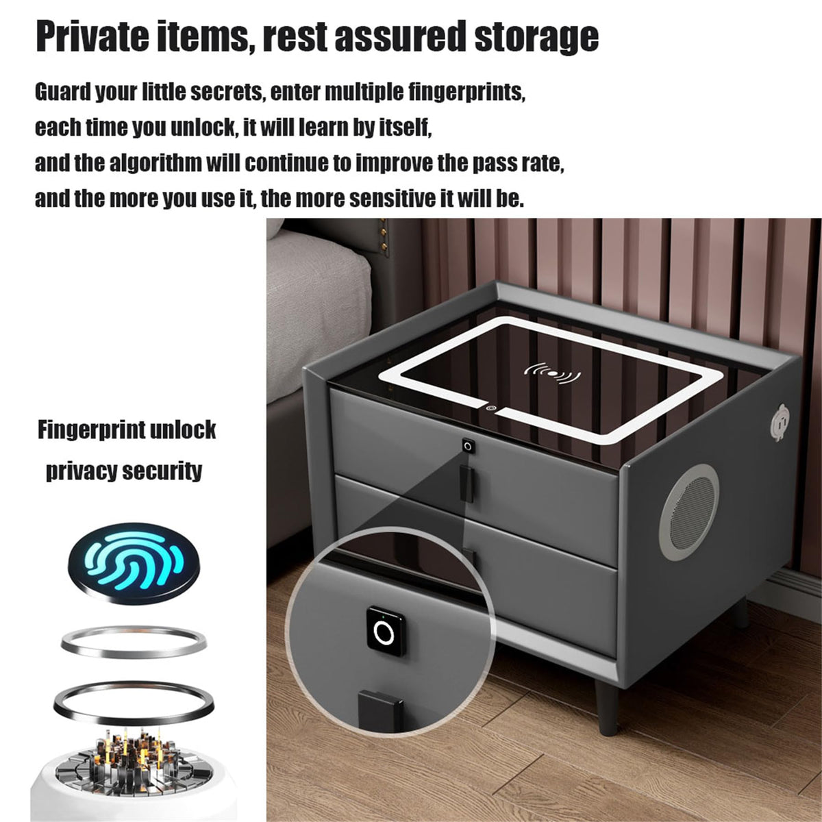 Smart Bedside Table with Fingerprint Reader and Wireless Charging Station Z35342