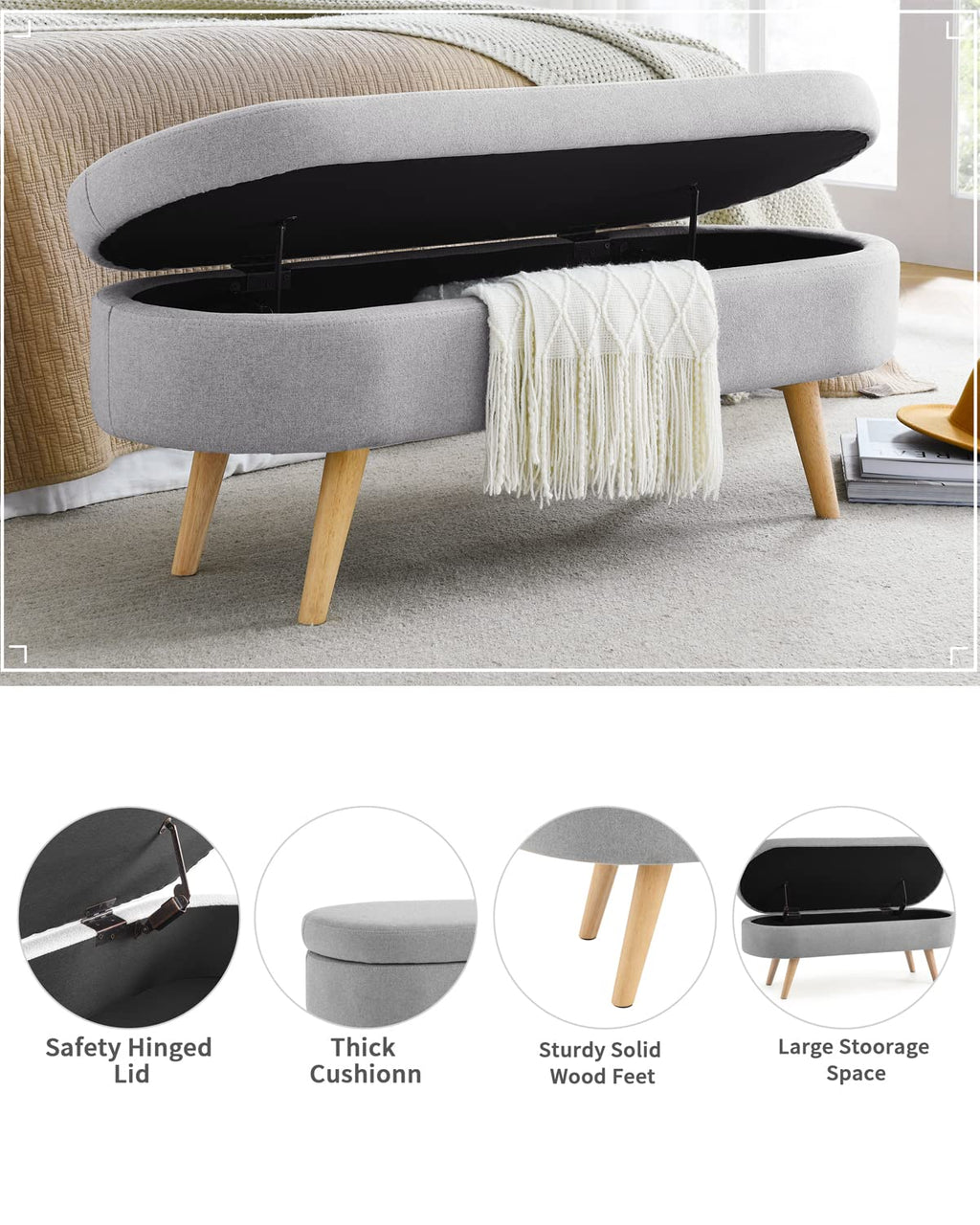 Oval Linen Fabric Upholstered Storage Bench with Solid Wood Legs O934