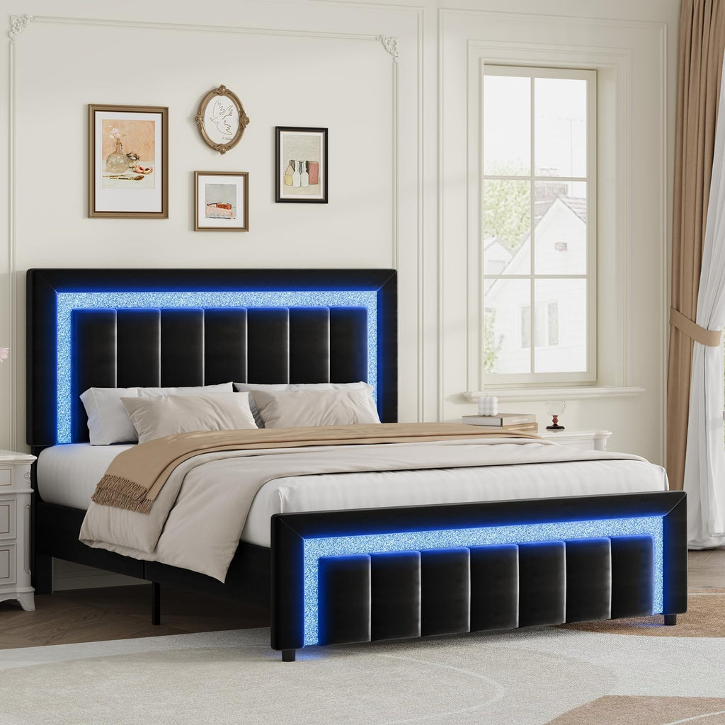 Full Size Velvet Upholstered Bed Frame with LED Lights U14145