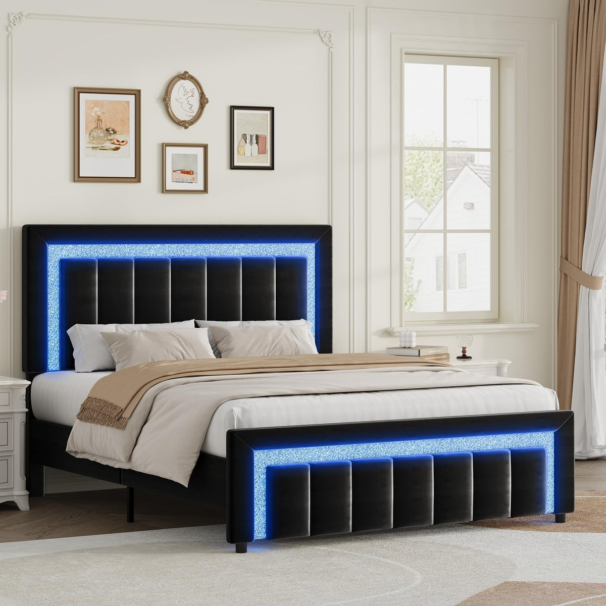Full Size Velvet Upholstered Bed Frame with LED Lights U14145