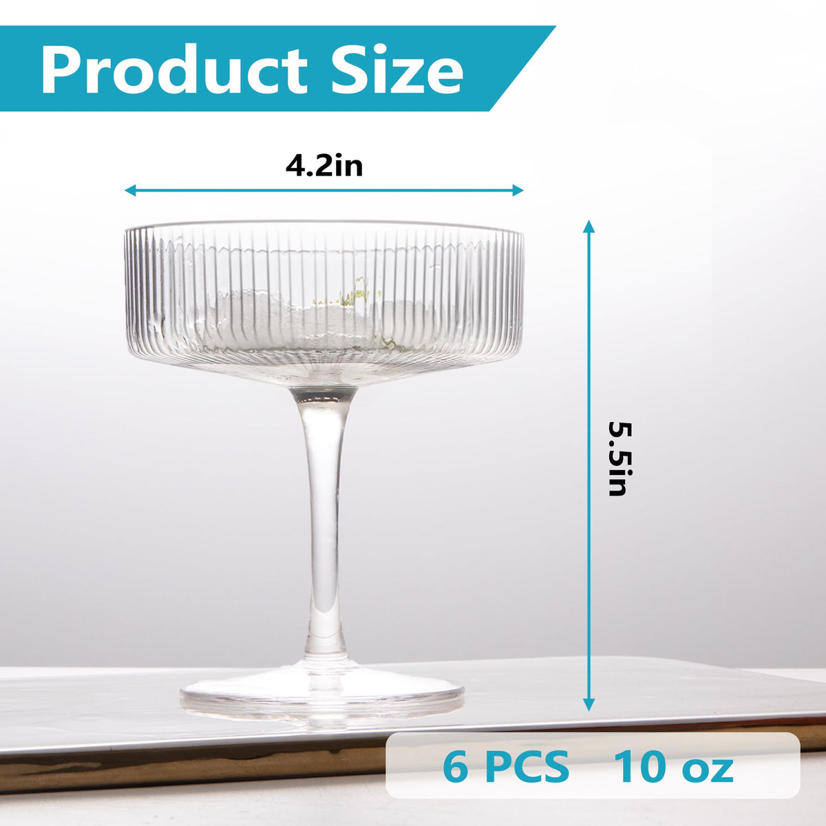 Ribbed Coupe Glasses Set of 6, 10 oz Crystal Cocktail Glassware Q593