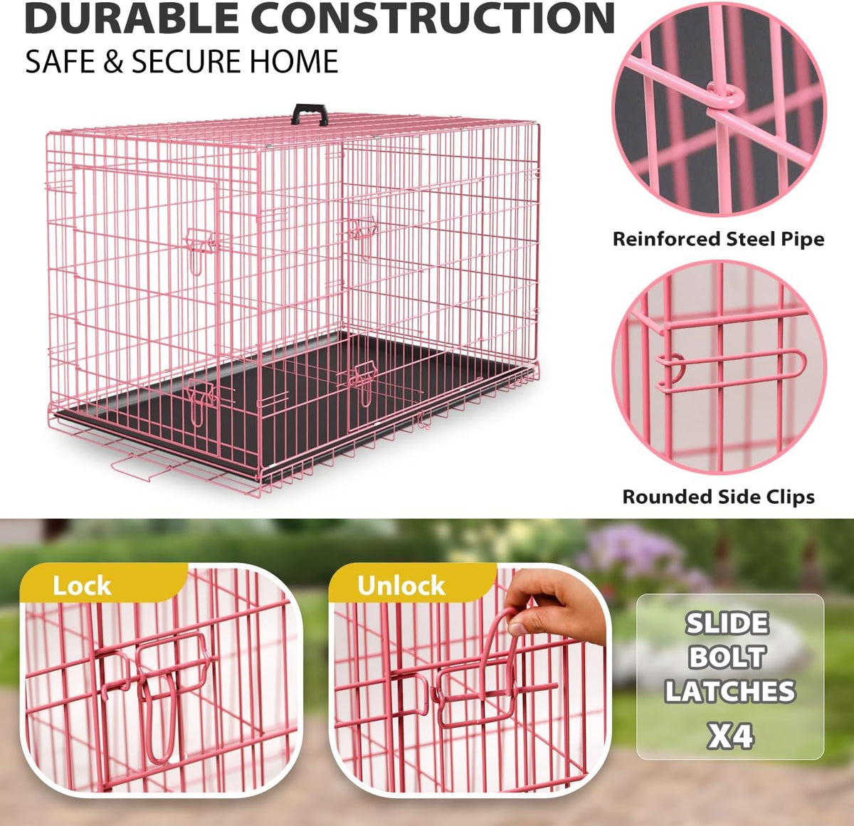 48" Large Double Door Folding Metal Wire Dog Crate with Divider Panel T86576