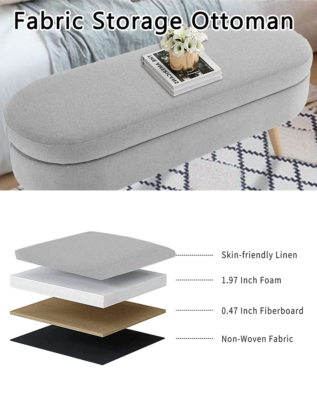 Oval Linen Fabric Upholstered Storage Bench with Solid Wood Legs O934