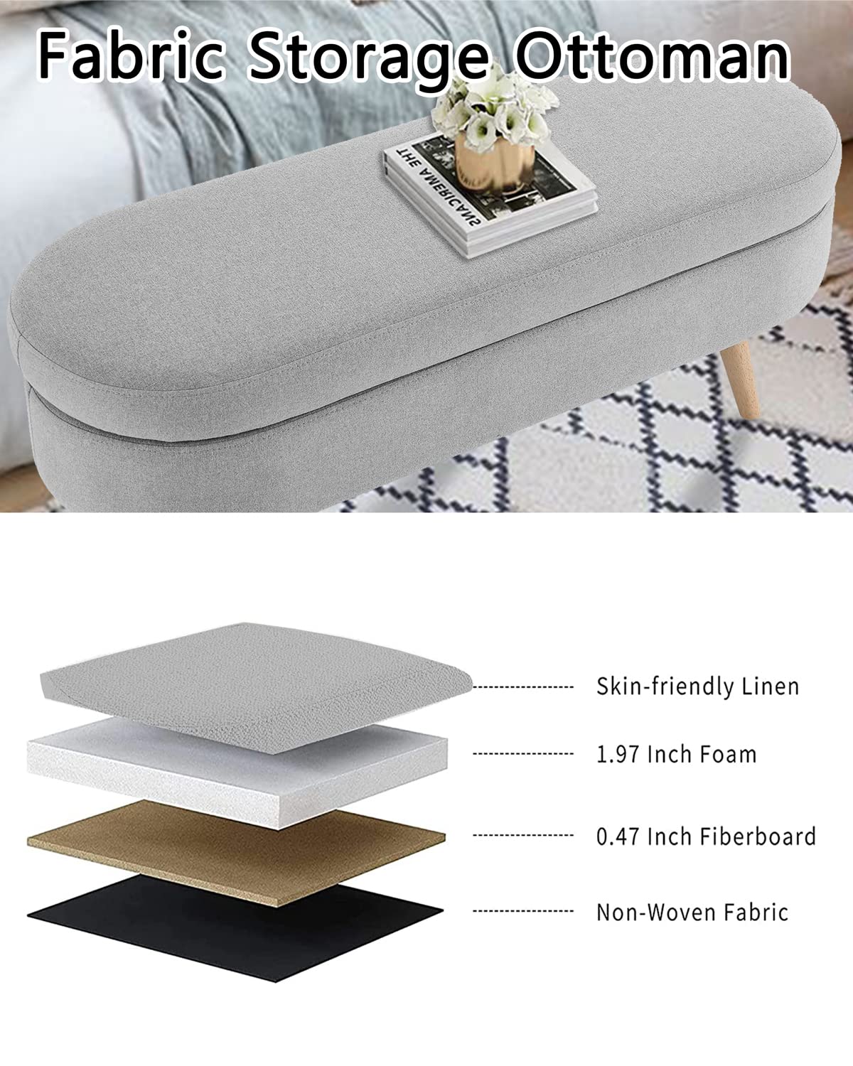 Oval Linen Fabric Upholstered Storage Bench with Solid Wood Legs O934