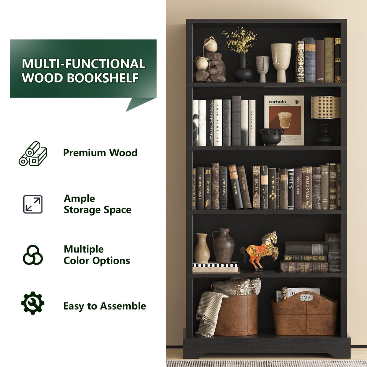 5 Tiers Wooden Bookshelf, 65.2" Tall 31.5" Wide Black W7625