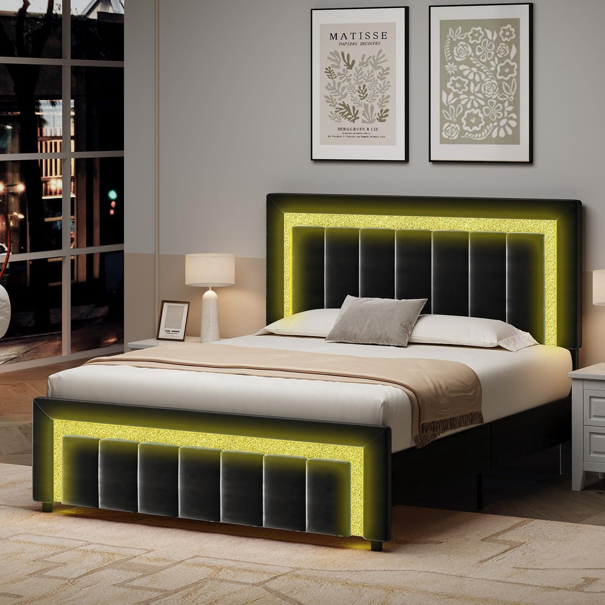 Full Size Velvet Upholstered Bed Frame with LED Lights U14145