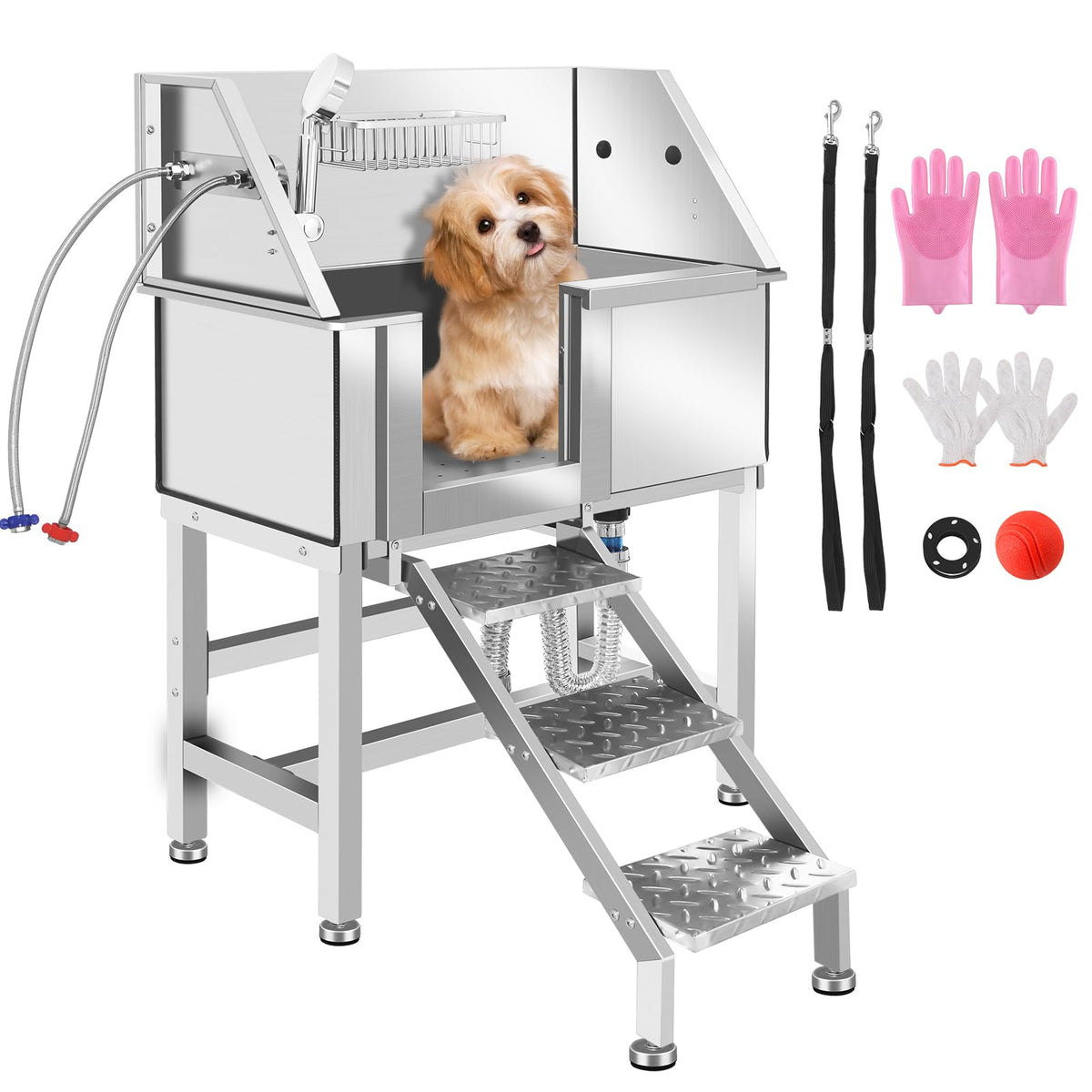 34 Inch Stainless Steel Dog Grooming Bathtub with Anti-Slip Stairs N6337