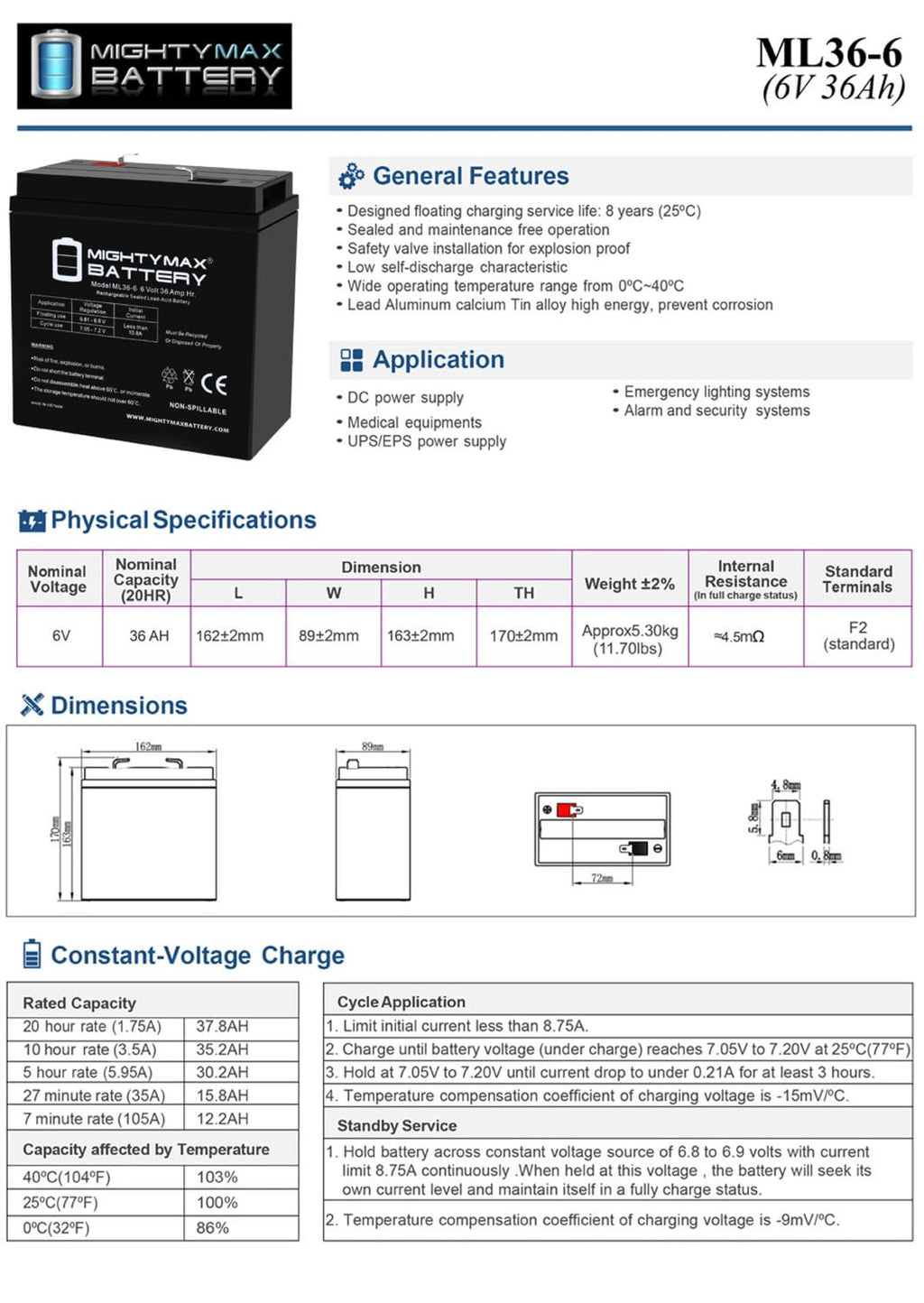 6V 36Ah AGM F2 Terminal Battery P28905