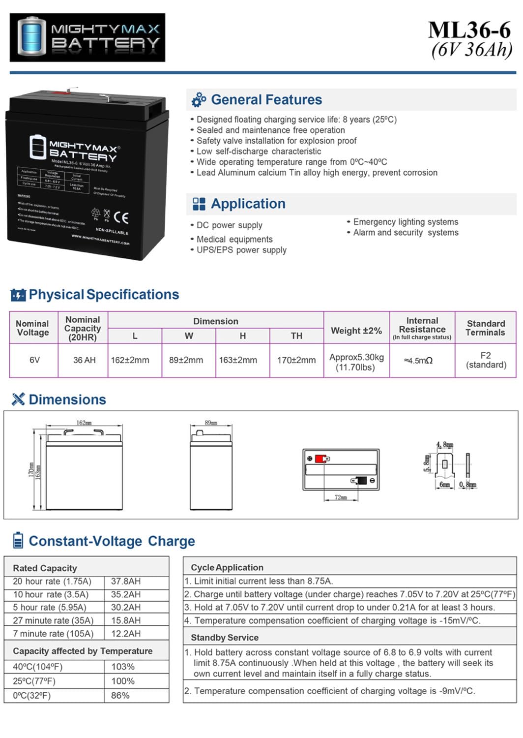 6V 36Ah AGM F2 Terminal Battery P28905