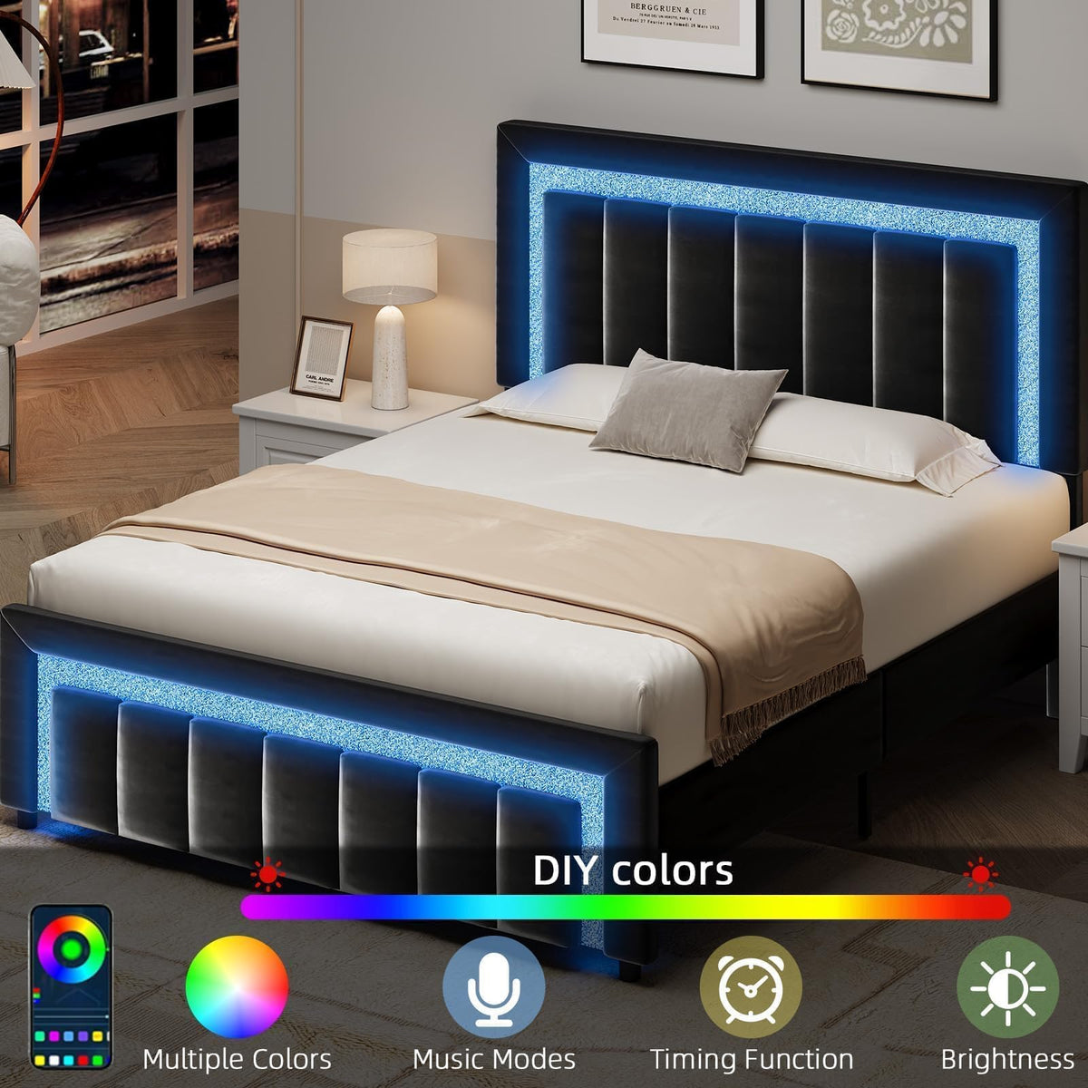 Full Size Velvet Upholstered Bed Frame with LED Lights U14145