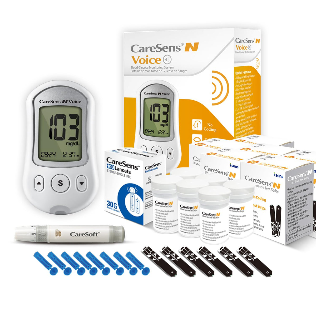 Blood Glucose Monitoring System with Talking Meter, 300 Test Strips, 100 Lancets, Lancing Device and Carrying Case B815241