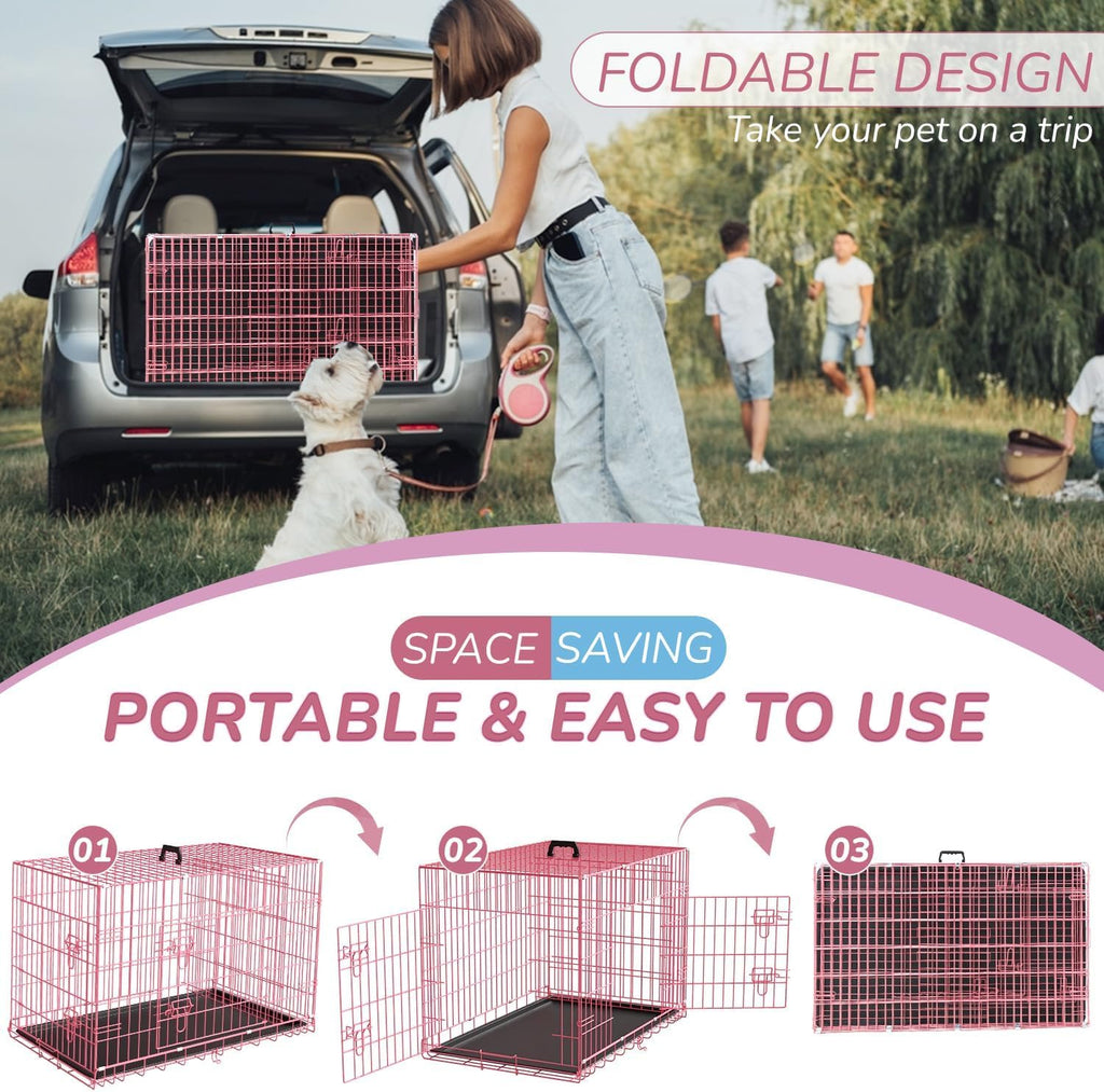 48" Large Double Door Folding Metal Wire Dog Crate with Divider Panel T86576