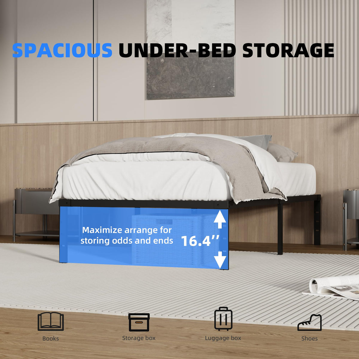 18 Inch Queen Size Metal Platform Bed Frame with Underbed Storage Z451909